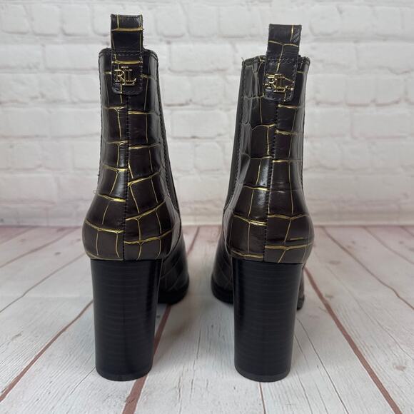 Lauren Ralph Lauren Mylah Leather Chelsea Brown Gold Boots Women’s Size 8 - Picture 8 of 11